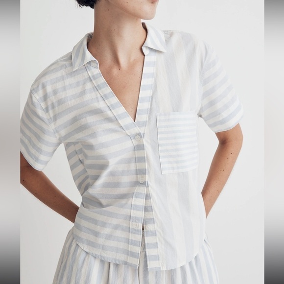 Madewell Y Neck Button up Shirt NL008 Blue White Stripe XS - Picture 5 of 8